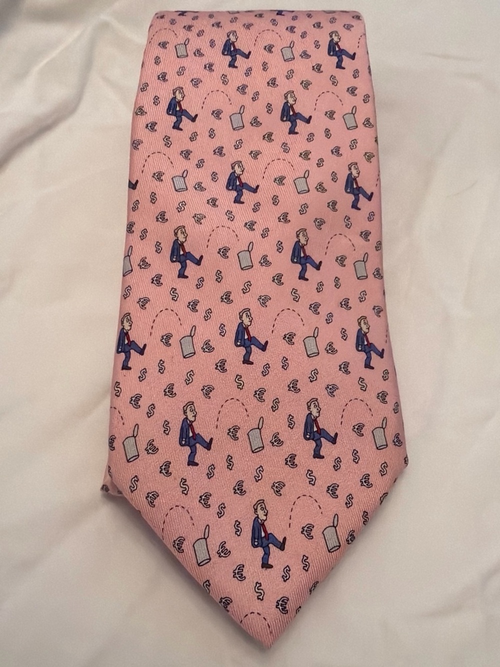 Vineyard Vines Pink Silk Tie with Businessman kicking the can Motif